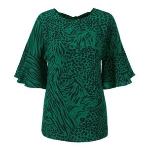 Cabi #3863 Reversible Purr Blouse in Emerald Green Animal Print w/Keyhole Bow L
